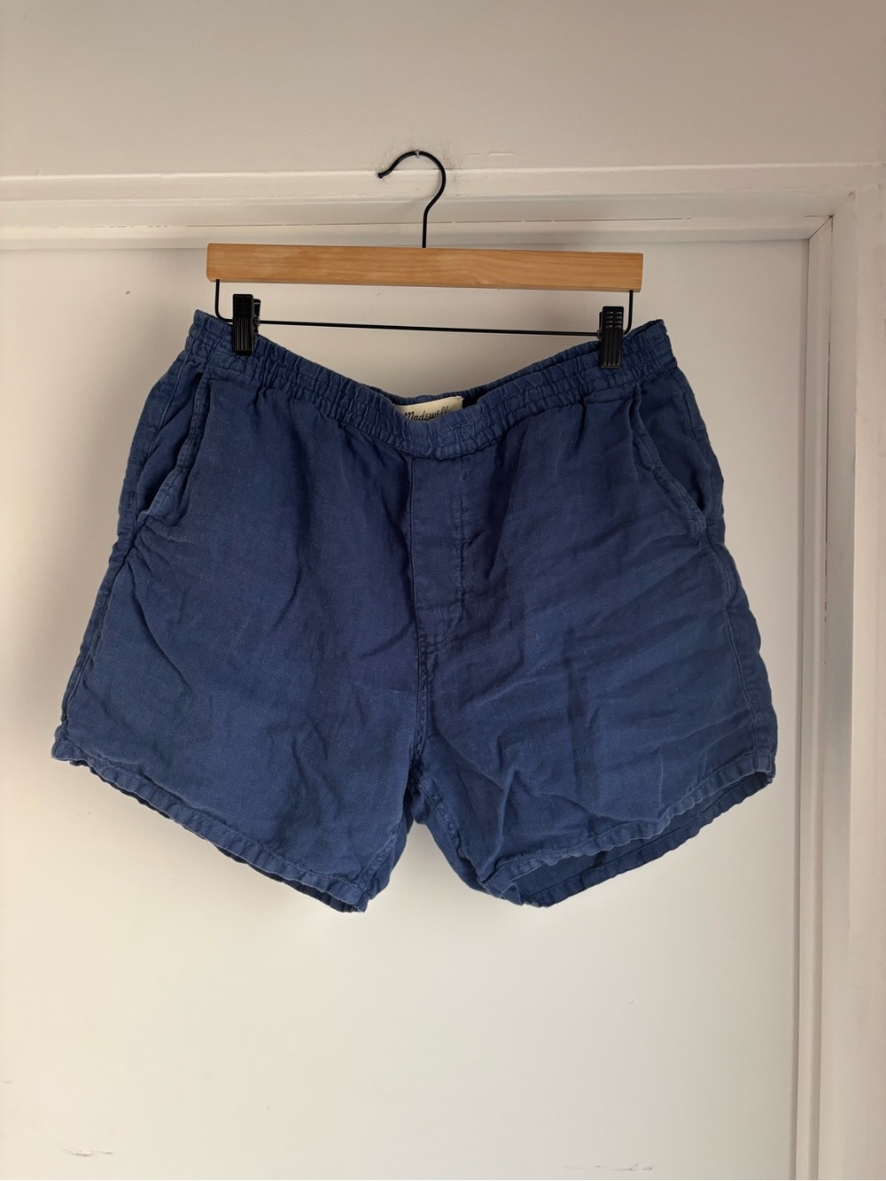 Madewell Men's Blue Linen Casual Shorts with Elastic Waist and Drawstring